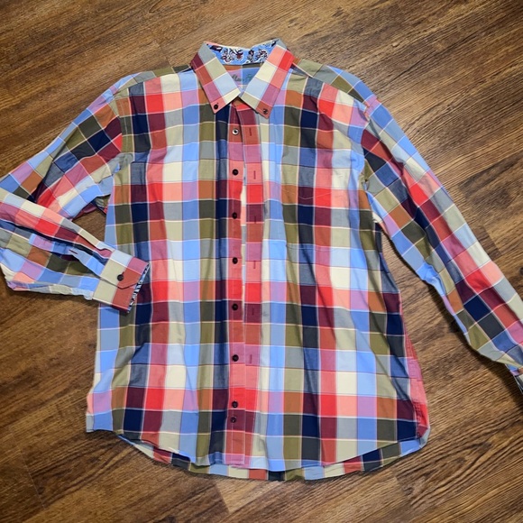 Alan Flusser Colorful Plaid Button Up Shirt Blue Paisley Cuffs & Accents Size XL - Picture 2 of 9